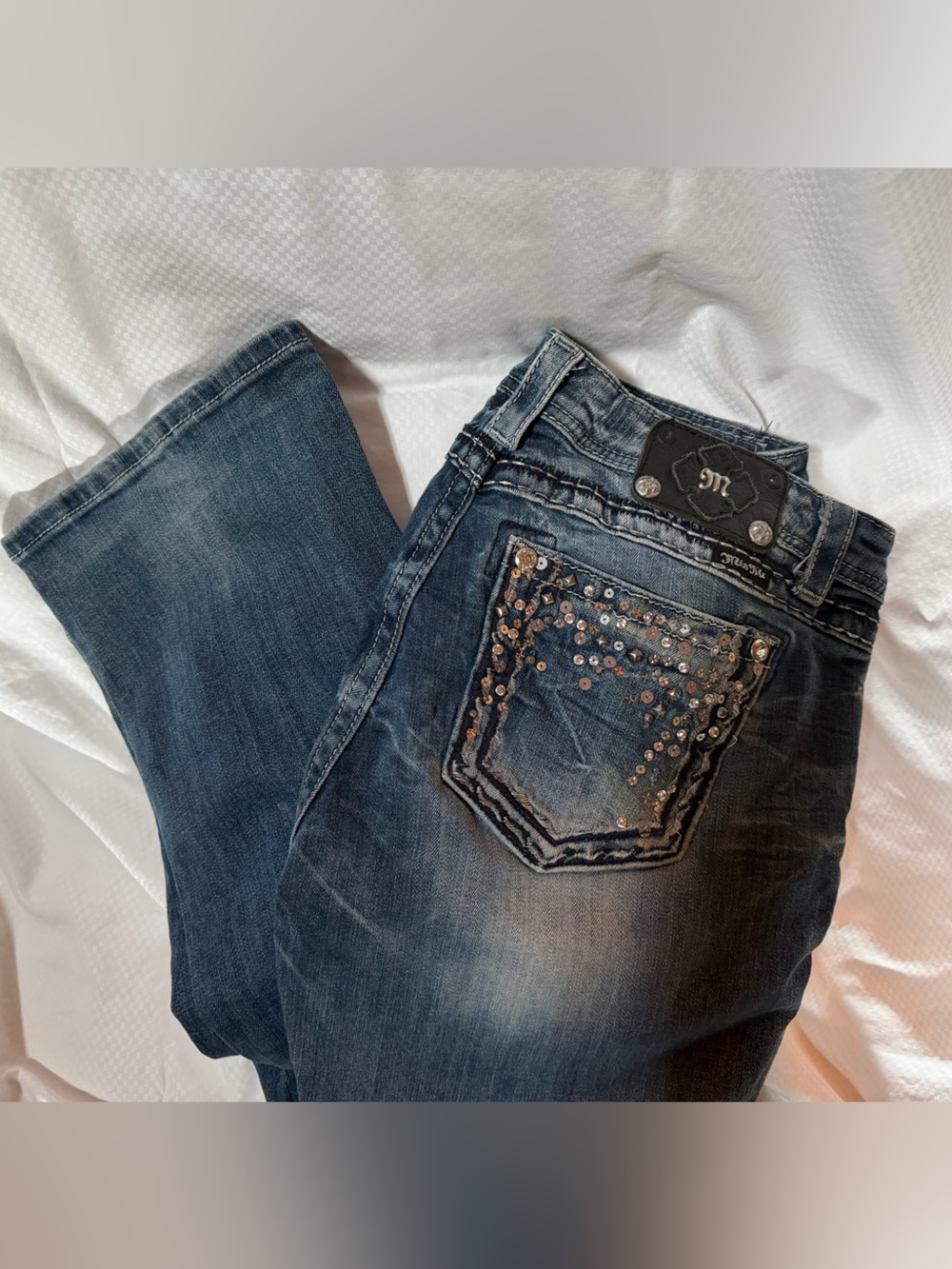 Miss Me Dark Wash Blue Straight Leg Jeans with Copper Stud Accents
